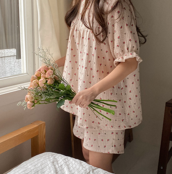 [Juuneedu] Labien Rose Lace Crinkle Cotton Short Sleeve Pyjamas (2type)