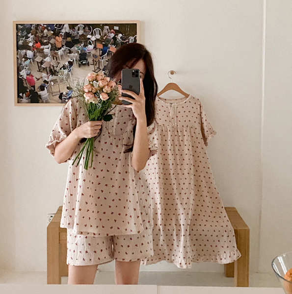 [Juuneedu] Labien Rose Lace Crinkle Cotton Short Sleeve Pyjamas (2type)