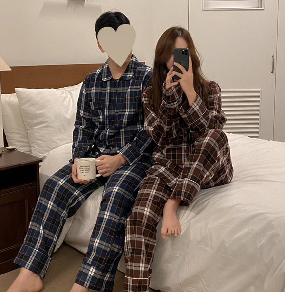 [Juuneedu] Ordinary Cotton Check Long Sleeve Pyjamas (couple,2color)