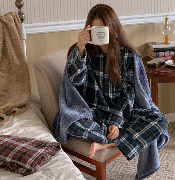 [Juuneedu] Ordinary Cotton Check Long Sleeve Pyjamas (couple,2color)