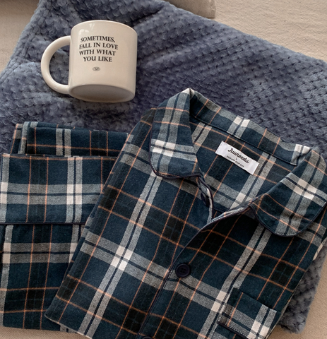 [Juuneedu] Ordinary Cotton Check Long Sleeve Pyjamas (couple,2color)