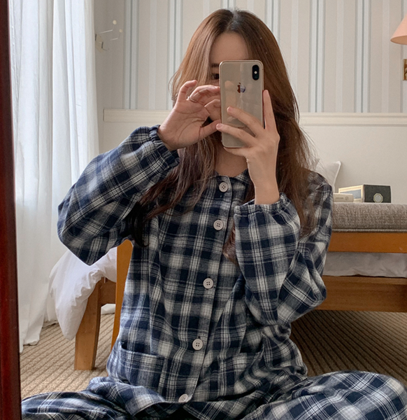 [Juuneedu] Cornell Napping Check Pajamas (2size/2colour)