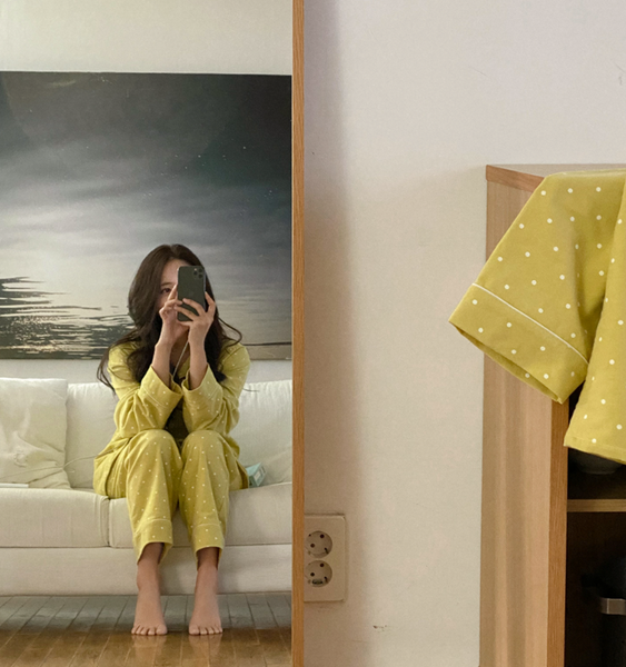 [Juuneedu] Greenery Dot Peach Napping Pyjamas (4colour)
