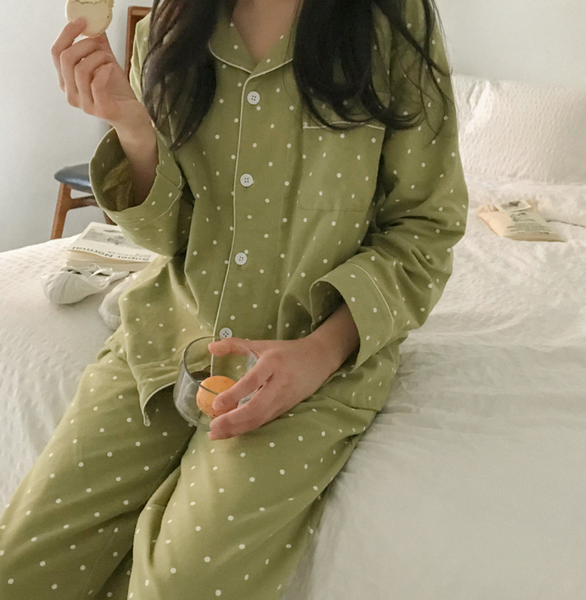 [Juuneedu] Greenery Dot Peach Napping Pyjamas (4colour)