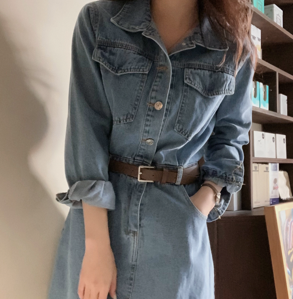 [SLOWAND] Vintage Jumpsuit Denim Dress + Belt Set