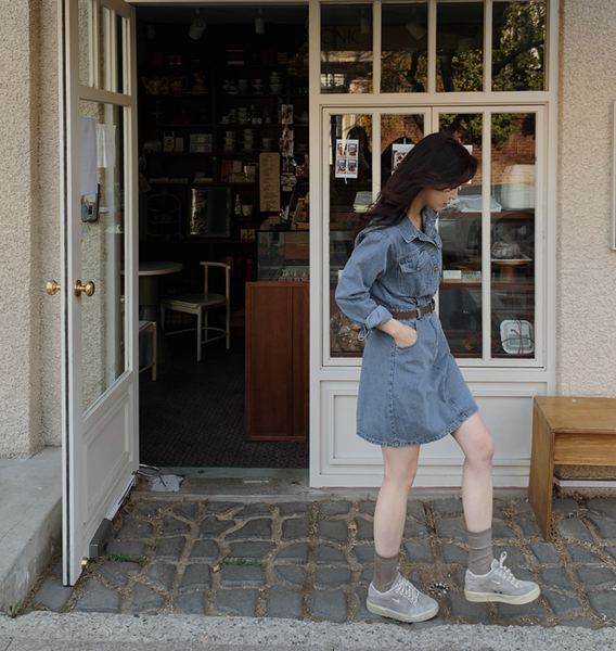 [SLOWAND] Vintage Jumpsuit Denim Dress + Belt Set