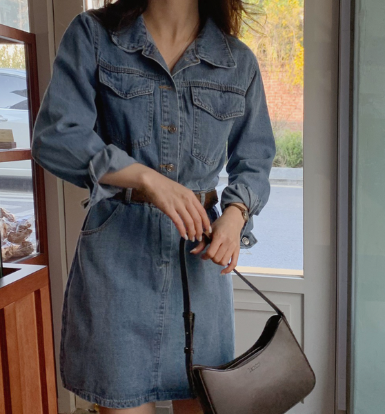 [SLOWAND] Vintage Jumpsuit Denim Dress + Belt Set