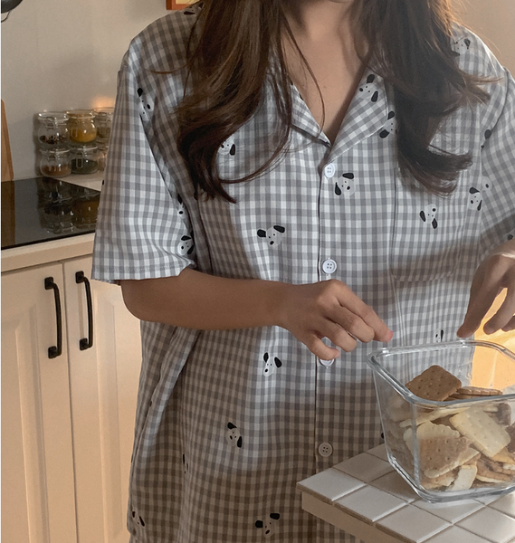 [Juuneedu] Puppy Gingham Checkered Short Sleeve Pajama Set