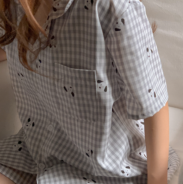 [Juuneedu] Puppy Gingham Checkered Short Sleeve Pajama Set