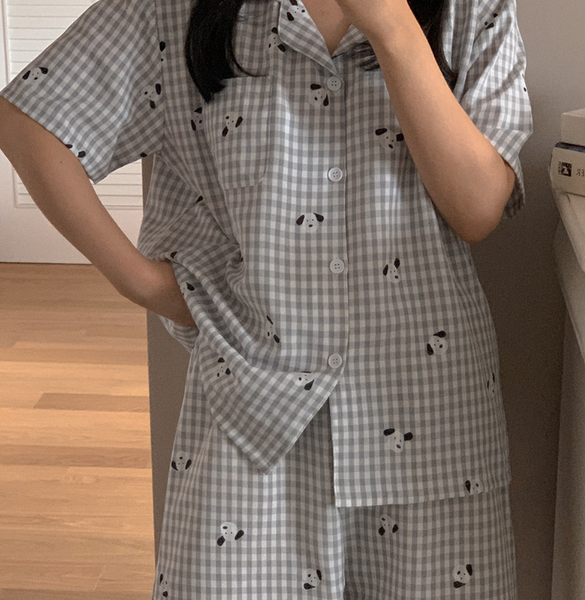 [Juuneedu] Puppy Gingham Checkered Short Sleeve Pajama Set