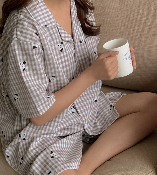 [Juuneedu] Puppy Gingham Checkered Short Sleeve Pajama Set