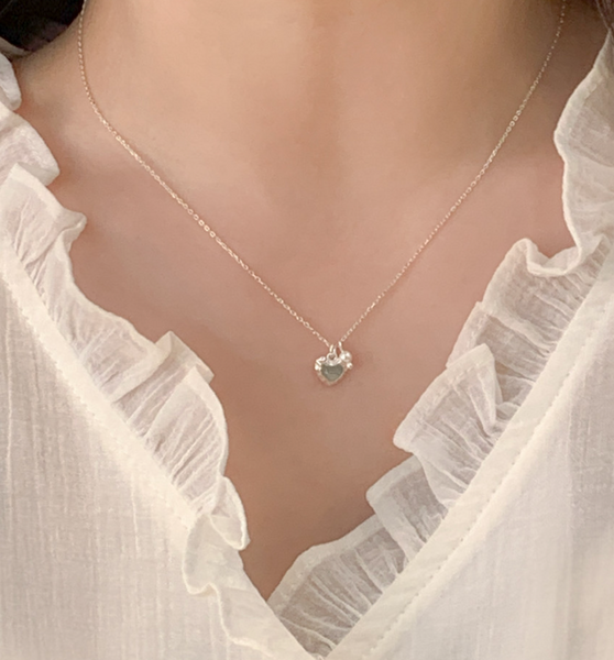 [aube n berry] 925 Silver Vintage Heart Pearl Silver Necklace