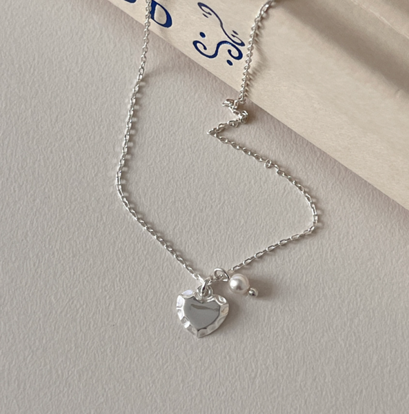 [aube n berry] 925 Silver Vintage Heart Pearl Silver Necklace