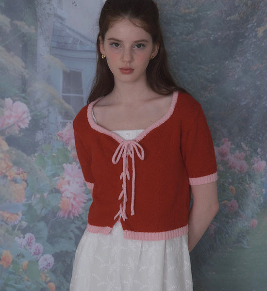 [Letter from Moon] Tulip Line Eyelet Cardigan (Red)