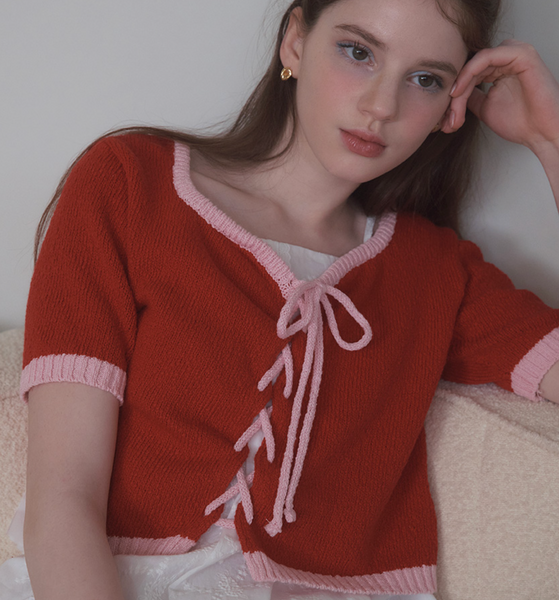 [Letter from Moon] Tulip Line Eyelet Cardigan (Red)