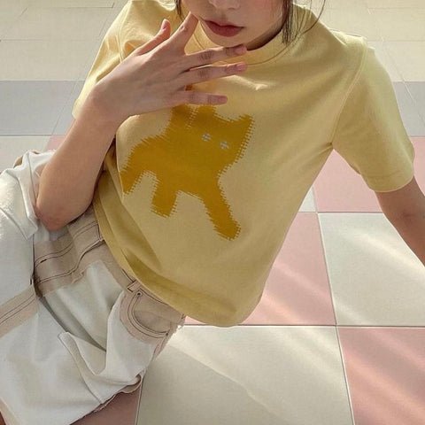 [aeae] FLASHED CATS EYE CROP T-SHIRTS [Yellow]