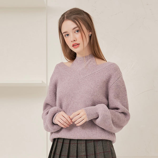 [Letter from Moon] Halter-neck Layered Cashmere Knit - Purple