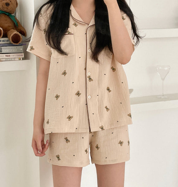 [Juuneedu] Mandy Bear Crinkle Cotton Short Sleeve Pyjamas