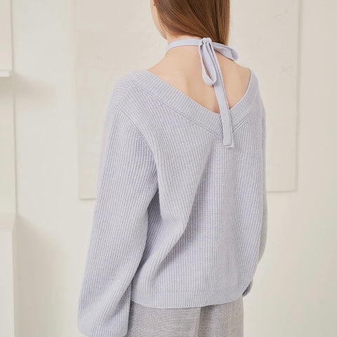 [Letter from Moon] Halter-neck Layered Cashmere Knit - Blue Lavender