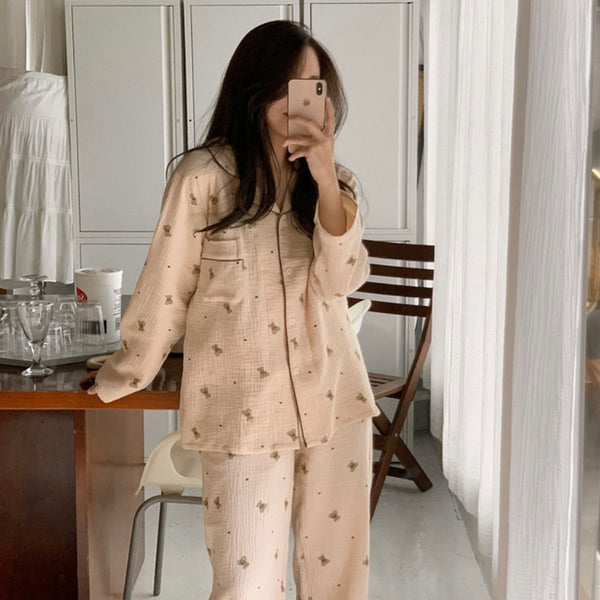 [Juuneedu] Mandy Bear Crinkle Cotton Long Sleeve Pajamas