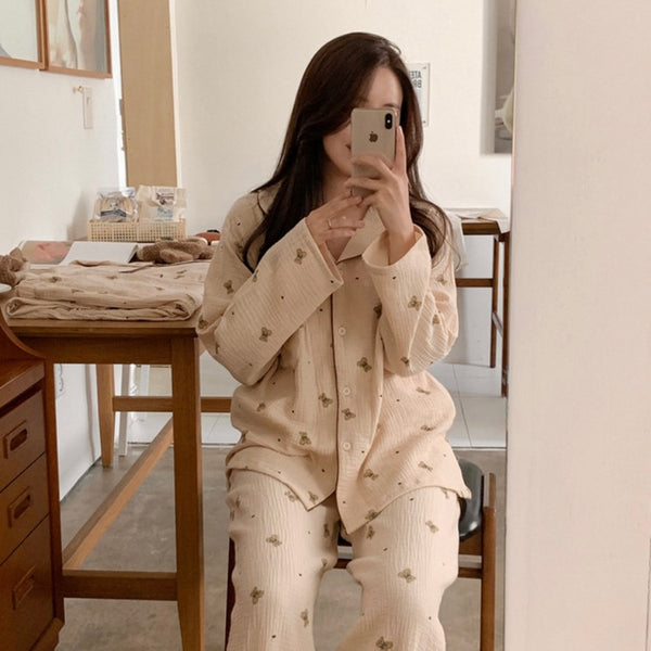 [Juuneedu] Mandy Bear Crinkle Cotton Long Sleeve Pajamas