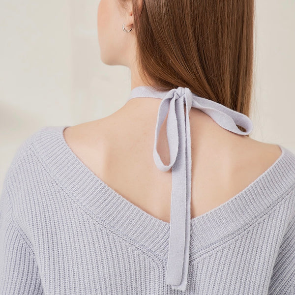 [Letter from Moon] Halter-neck Layered Cashmere Knit - Blue Lavender