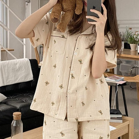 [Juuneedu] Mandy Bear Crinkle Cotton Short Sleeve Pyjamas