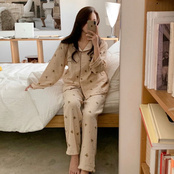 [Juuneedu] Mandy Bear Crinkle Cotton Long Sleeve Pajamas